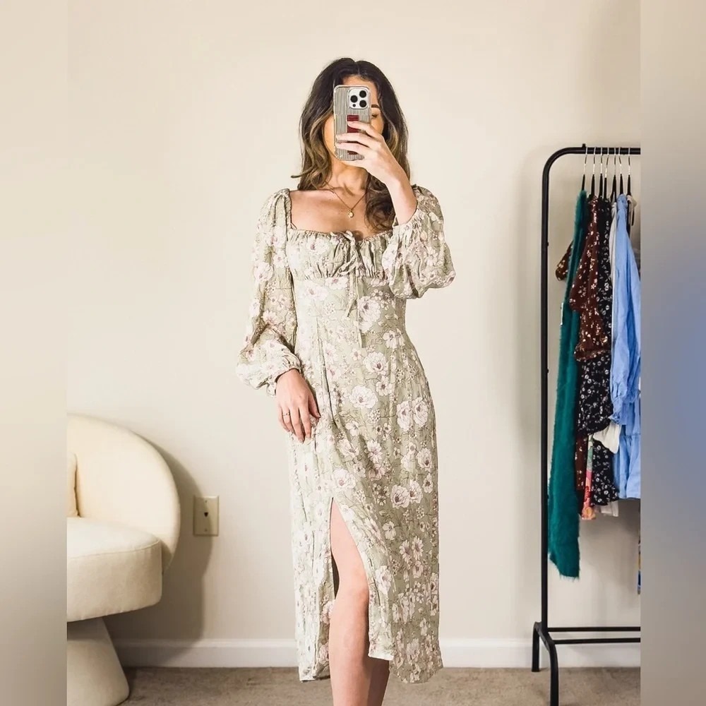 NWT Altard State Jessica Floral Midi Dress Milkmaid Coquette Cottage Green XL - Picture 14 of 14